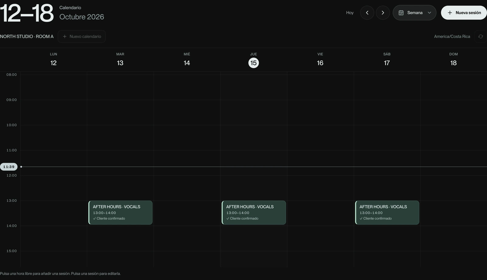 Calendario de estudio en wuse con datos de ejemplo