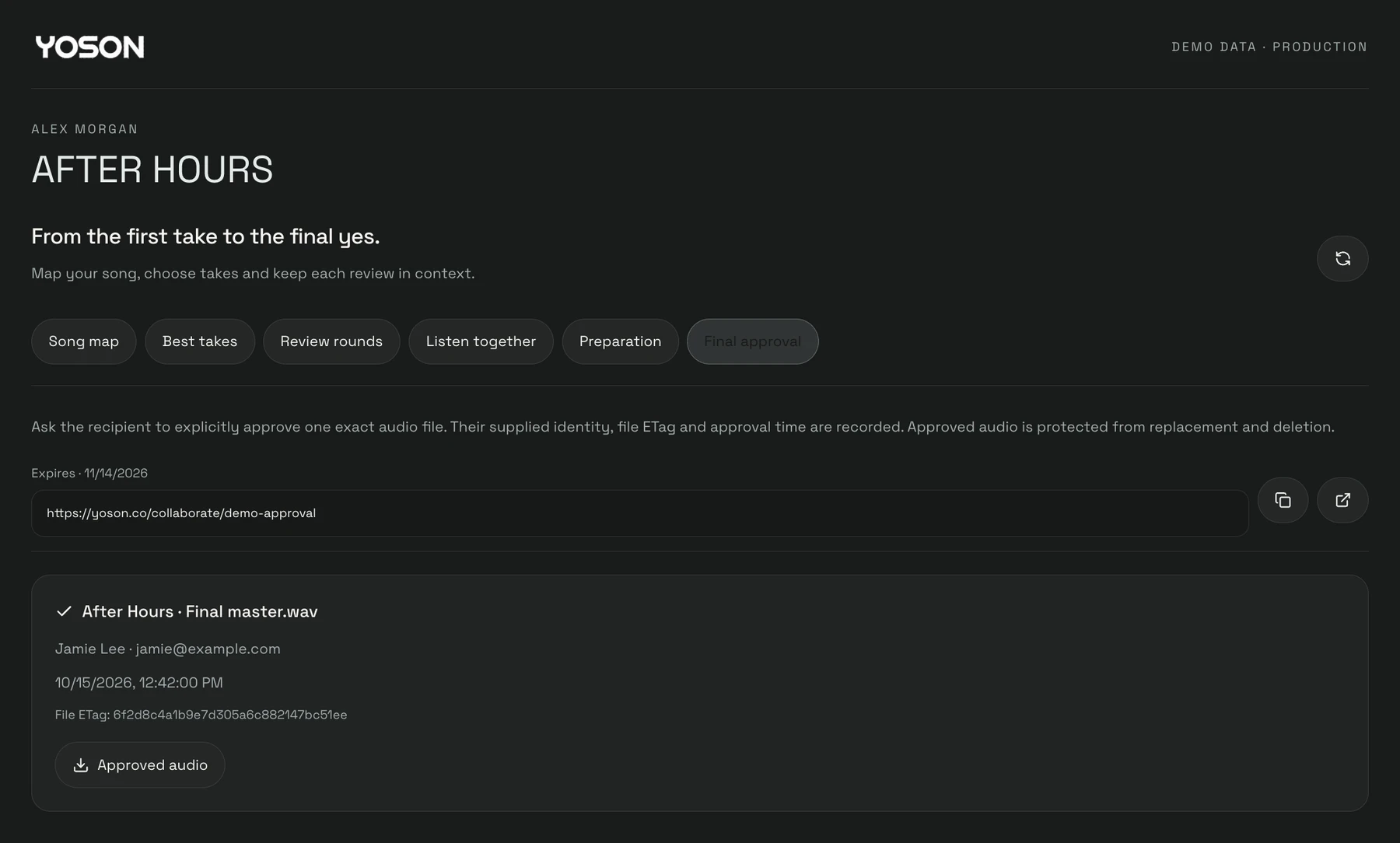 Final audio approval record in wuse with demo data