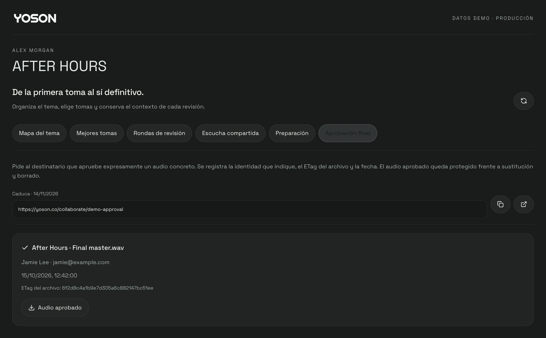 Registro de aprobación del audio final en wuse con datos de ejemplo