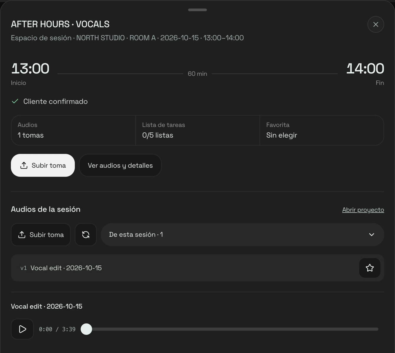 Audios y detalles de la sesión en wuse con datos de ejemplo